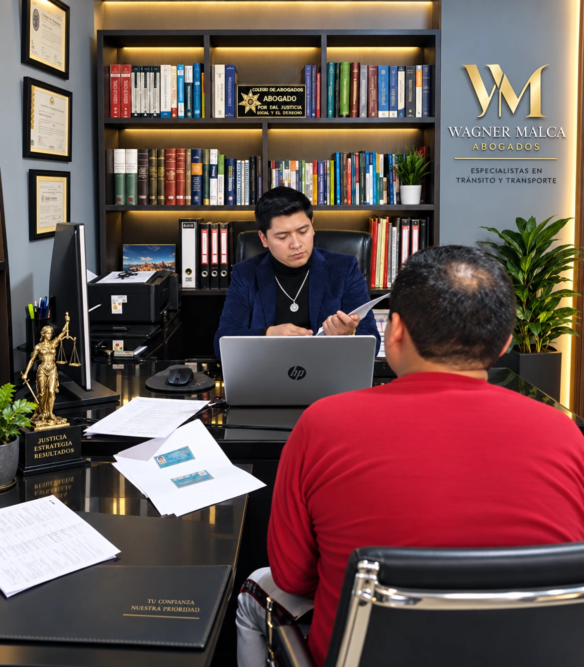 Wagner Malca atendiendo a un cliente en su oficina
