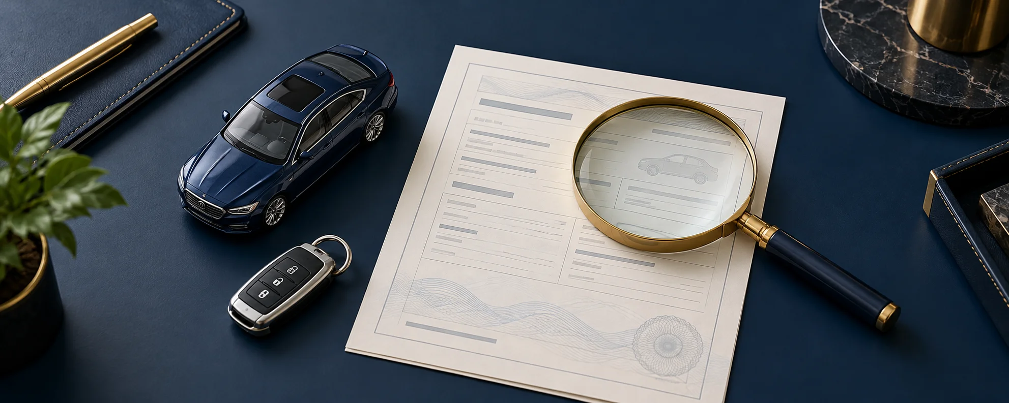 Lupa sobre documentos vehiculares junto a una maqueta de automóvil y una llave en un escritorio azul